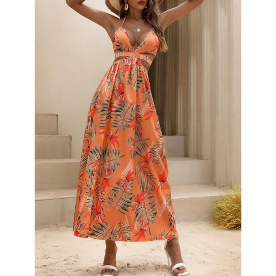 Kadın Ip Askılı Boyundan Bağlamalı V Yakalı Yırtmaçlı Uzun Desenli Süprem Elbise, 31352