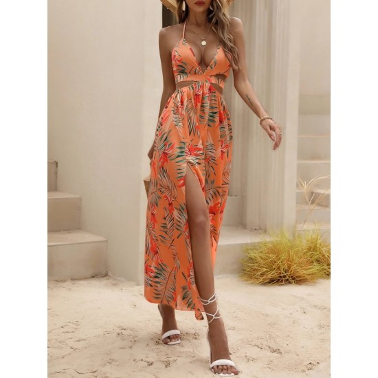 Kadın Ip Askılı Boyundan Bağlamalı V Yakalı Yırtmaçlı Uzun Desenli Süprem Elbise, 31352