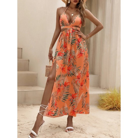 Kadın Ip Askılı Boyundan Bağlamalı V Yakalı Yırtmaçlı Uzun Desenli Süprem Elbise, 31352