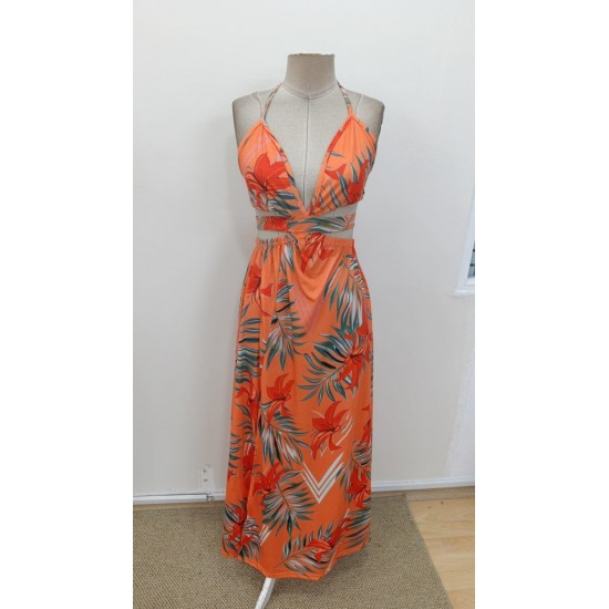 Kadın Ip Askılı Boyundan Bağlamalı V Yakalı Yırtmaçlı Uzun Desenli Süprem Elbise, 31352