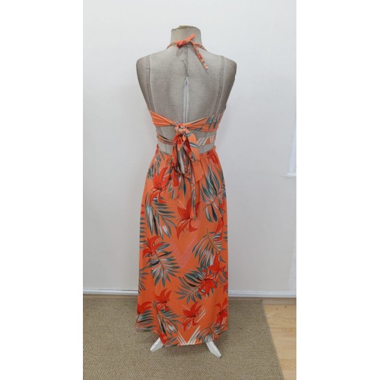 Kadın Ip Askılı Boyundan Bağlamalı V Yakalı Yırtmaçlı Uzun Desenli Süprem Elbise, 31352