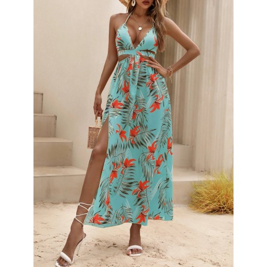 Kadın Ip Askılı Boyundan Bağlamalı V Yakalı Yırtmaçlı Uzun Desenli Süprem Turkuaz Elbise, 31351