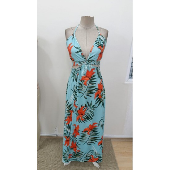 Kadın Ip Askılı Boyundan Bağlamalı V Yakalı Yırtmaçlı Uzun Desenli Süprem Turkuaz Elbise, 31351