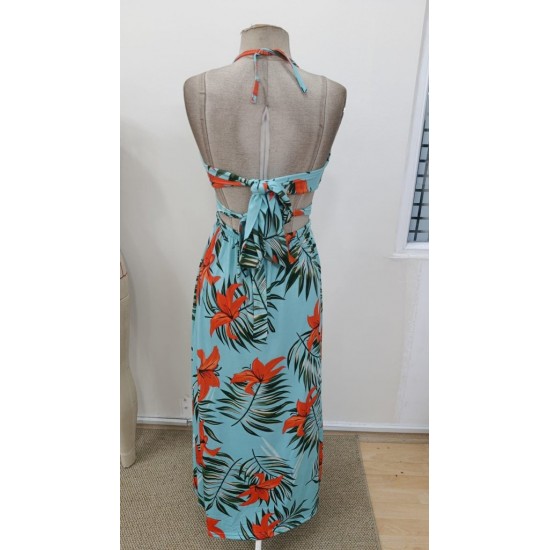 Kadın Ip Askılı Boyundan Bağlamalı V Yakalı Yırtmaçlı Uzun Desenli Süprem Turkuaz Elbise, 31351