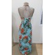 Kadın Ip Askılı Boyundan Bağlamalı V Yakalı Yırtmaçlı Uzun Desenli Süprem Turkuaz Elbise, 31351