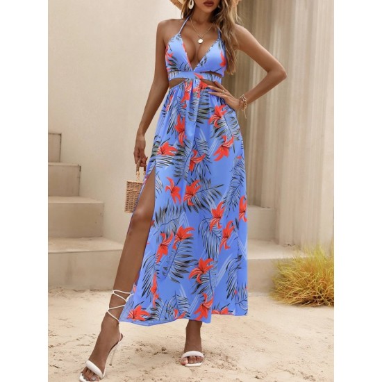 Kadın Ip Askılı Boyundan Bağlamalı V Yakalı Yırtmaçlı Uzun Desenli Süprem Elbise , 31350 Kadın Ip Askılı Boyundan Bağlamalı V Yakalı Yırtmaçlı Uzun Desenli Süprem Elbise , 31350