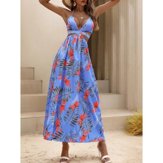 Kadın Ip Askılı Boyundan Bağlamalı V Yakalı Yırtmaçlı Uzun Desenli Süprem Elbise , 31350 Kadın Ip Askılı Boyundan Bağlamalı V Yakalı Yırtmaçlı Uzun Desenli Süprem Elbise , 31350