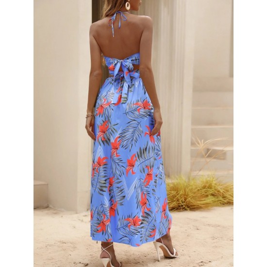 Kadın Ip Askılı Boyundan Bağlamalı V Yakalı Yırtmaçlı Uzun Desenli Süprem Elbise , 31350 Kadın Ip Askılı Boyundan Bağlamalı V Yakalı Yırtmaçlı Uzun Desenli Süprem Elbise , 31350