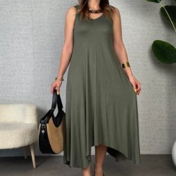 Kadın Askılı V Yakalı Halka Detaylı Asimetrik Kesim Detaylı Viskon Maxi Elbise, 31368