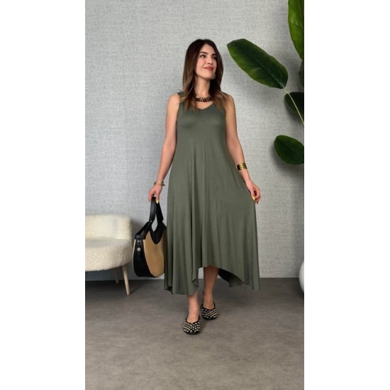 Kadın Askılı V Yakalı Halka Detaylı Asimetrik Kesim Detaylı Viskon Maxi Elbise, 31368