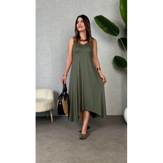 Kadın Askılı V Yakalı Halka Detaylı Asimetrik Kesim Detaylı Viskon Maxi Elbise, 31368