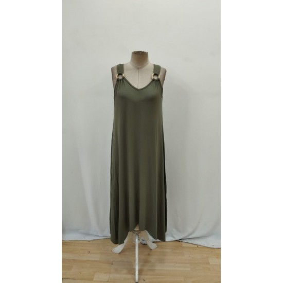 Kadın Askılı V Yakalı Halka Detaylı Asimetrik Kesim Detaylı Viskon Maxi Elbise, 31368