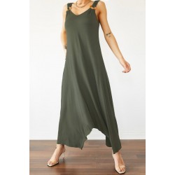 Kadın Askılı V Yakalı Halka Detaylı Asimetrik Kesim Detaylı Viskon Maxi Elbise, 31368