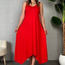 Kadın Askılı V Yakalı Halka Detaylı Asimetrik Kesim Detaylı Viskon Maxi Elbise, 31367