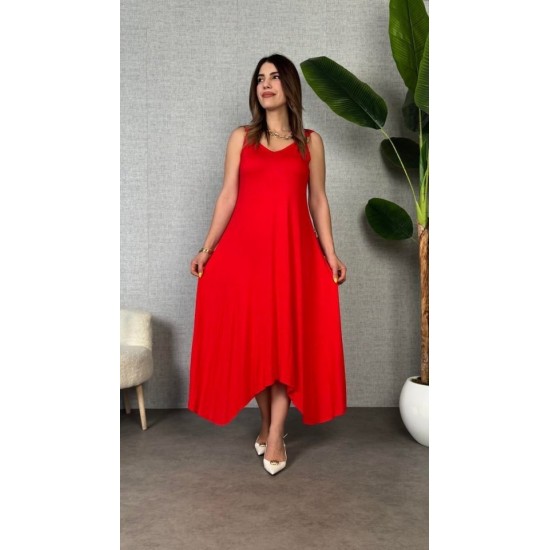 Kadın Askılı V Yakalı Halka Detaylı Asimetrik Kesim Detaylı Viskon Maxi Elbise, 31367