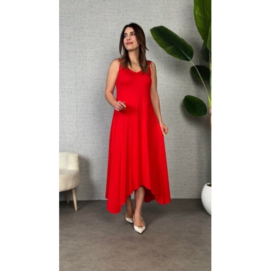 Kadın Askılı V Yakalı Halka Detaylı Asimetrik Kesim Detaylı Viskon Maxi Elbise, 31367
