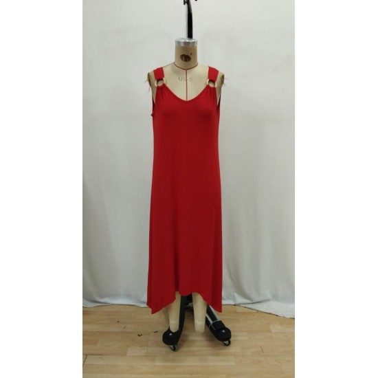 Kadın Askılı V Yakalı Halka Detaylı Asimetrik Kesim Detaylı Viskon Maxi Elbise, 31367