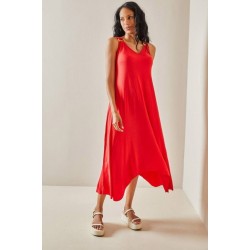 Kadın Askılı V Yakalı Halka Detaylı Asimetrik Kesim Detaylı Viskon Maxi Elbise, 31367