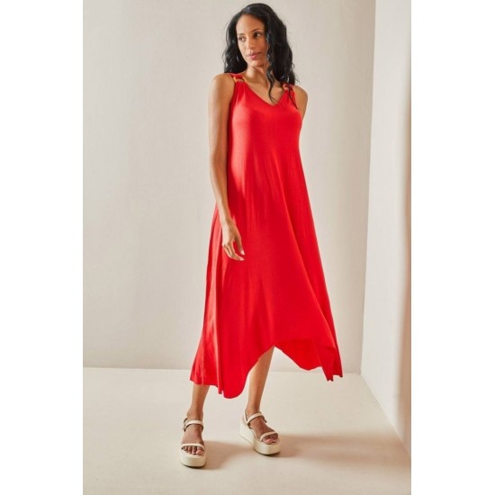 Kadın Askılı V Yakalı Halka Detaylı Asimetrik Kesim Detaylı Viskon Maxi Elbise, 31367