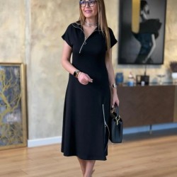 Kadın Kısa Kollu Yakadan Ve Etekten Fermuarlı Midi Viskon Iki Iplik Elbise , 31364