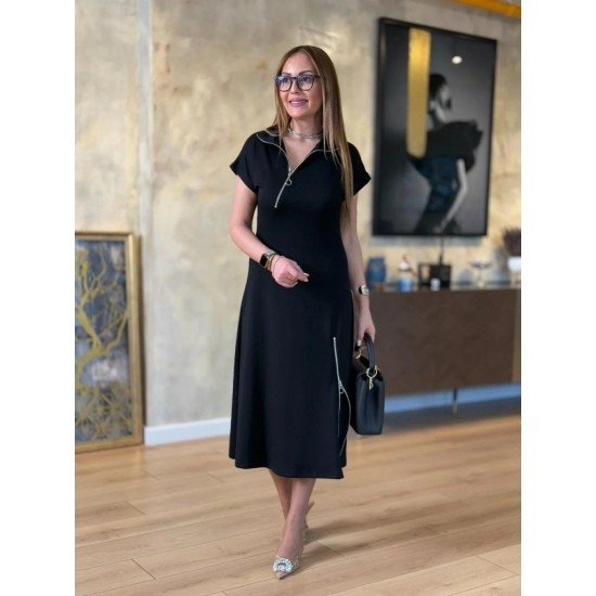 Kadın Kısa Kollu Yakadan Ve Etekten Fermuarlı Midi Viskon Iki Iplik Elbise , 31364