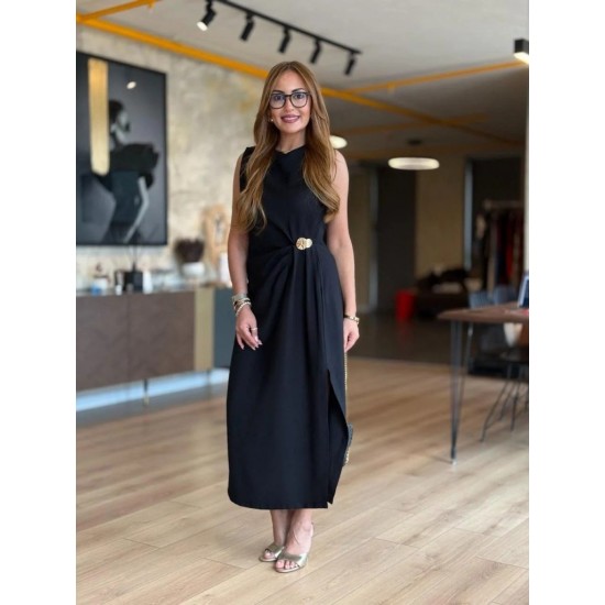 Kadın Sıfır Kollu Bisiklet Yaka Belden Büzgülü Yırtmaç Detaylı Janjan Krep Elbise , 31361