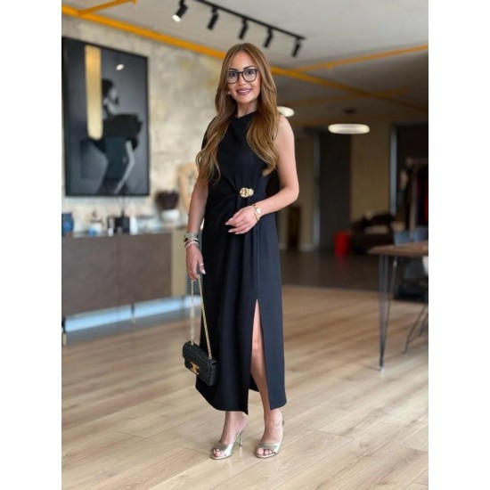 Kadın Sıfır Kollu Bisiklet Yaka Belden Büzgülü Yırtmaç Detaylı Janjan Krep Elbise , 31361