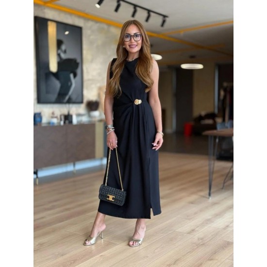 Kadın Sıfır Kollu Bisiklet Yaka Belden Büzgülü Yırtmaç Detaylı Janjan Krep Elbise , 31361