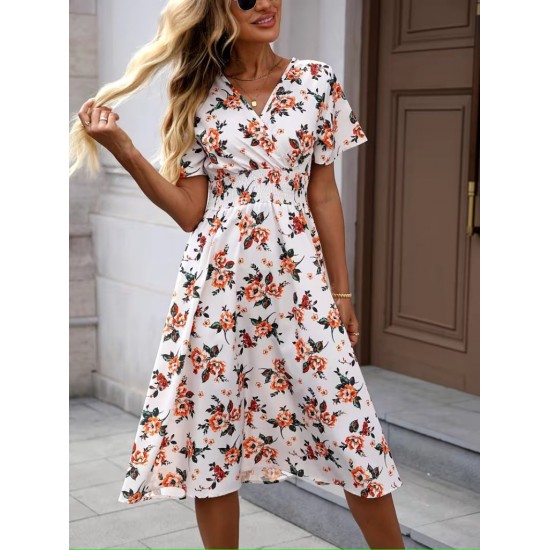 Kadın Kısa Kollu Kruvaze Yakalı Mini Desenli Süprem Elbise , 31360