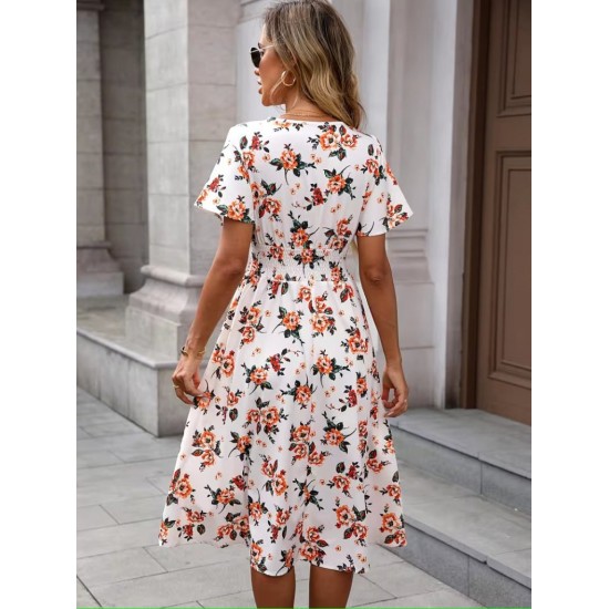 Kadın Kısa Kollu Kruvaze Yakalı Mini Desenli Süprem Elbise , 31360