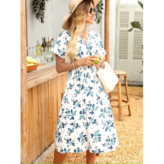 Kadın Kısa Kollu Kruvaze Yakalı Mini Desenli Süprem Elbise , 31359