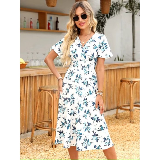 Kadın Kısa Kollu Kruvaze Yakalı Mini Desenli Süprem Elbise , 31359