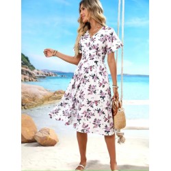 Kadın Kısa Kollu Kruvaze Yakalı Mini Desenli Süprem Elbise , 31358