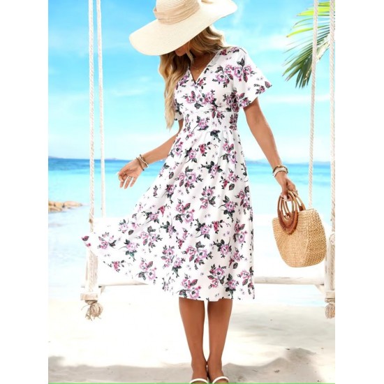 Kadın Kısa Kollu Kruvaze Yakalı Mini Desenli Süprem Elbise , 31358