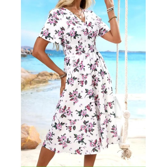 Kadın Kısa Kollu Kruvaze Yakalı Mini Desenli Süprem Elbise , 31358