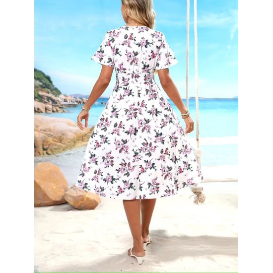 Kadın Kısa Kollu Kruvaze Yakalı Mini Desenli Süprem Elbise , 31358