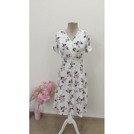 Kadın Kısa Kollu Kruvaze Yakalı Mini Desenli Süprem Elbise , 31358