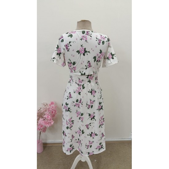 Kadın Kısa Kollu Kruvaze Yakalı Mini Desenli Süprem Elbise , 31358