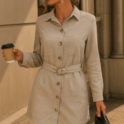 Kadın Uzun Kollu Yakalı önden Düğmeli Beli Kuşaklı Mini Ithal Keten Elbise , 31357
