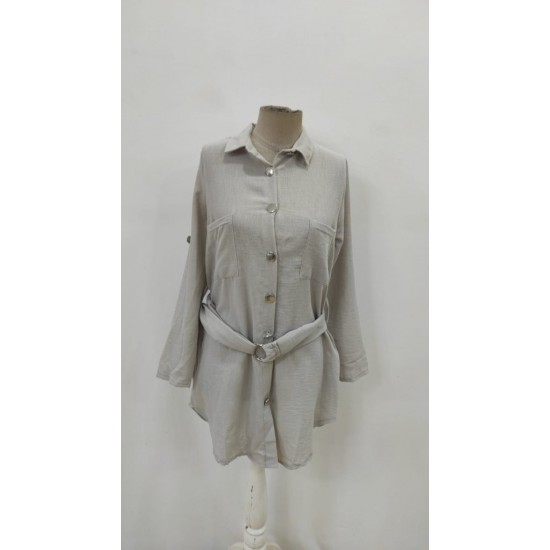 Kadın Uzun Kollu Yakalı önden Düğmeli Beli Kuşaklı Mini Ithal Keten Elbise , 31357