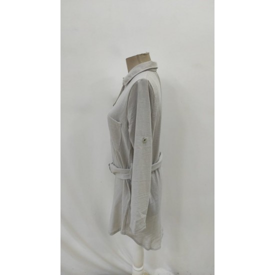 Kadın Uzun Kollu Yakalı önden Düğmeli Beli Kuşaklı Mini Ithal Keten Elbise , 31357