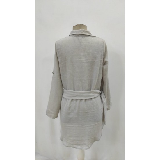 Kadın Uzun Kollu Yakalı önden Düğmeli Beli Kuşaklı Mini Ithal Keten Elbise , 31357