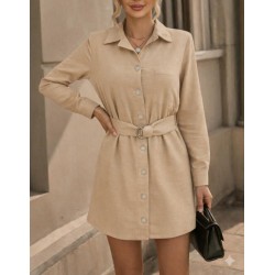 Kadın Uzun Kollu Yakalı önden Düğmeli Beli Kuşaklı Mini Ithal Keten Elbise , 31357