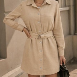 Kadın Uzun Kollu Yakalı önden Düğmeli Beli Kuşaklı Mini Ithal Keten Elbise , 31357