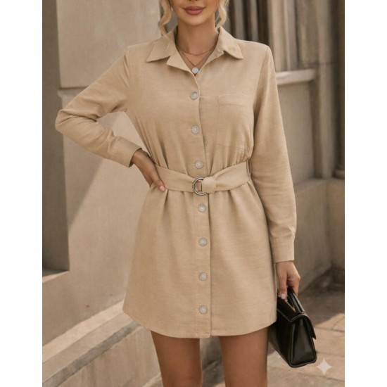 Kadın Uzun Kollu Yakalı önden Düğmeli Beli Kuşaklı Mini Ithal Keten Elbise , 31357