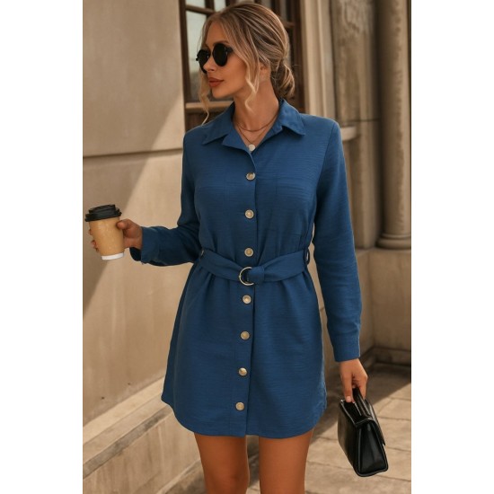 Kadın Uzun Kollu Yakalı önden Düğmeli Beli Kuşaklı Mini Ithal Keten Elbise , 31356