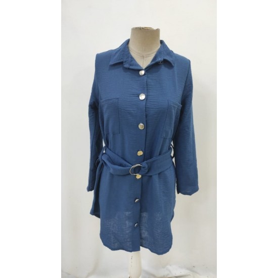 Kadın Uzun Kollu Yakalı önden Düğmeli Beli Kuşaklı Mini Ithal Keten Elbise , 31356