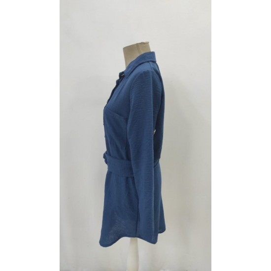 Kadın Uzun Kollu Yakalı önden Düğmeli Beli Kuşaklı Mini Ithal Keten Elbise , 31356