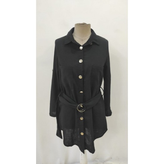 Kadın Uzun Kollu Yakalı önden Düğmeli Beli Kuşaklı Mini Ithal Keten Elbise , 31355