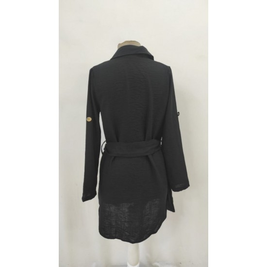 Kadın Uzun Kollu Yakalı önden Düğmeli Beli Kuşaklı Mini Ithal Keten Elbise , 31355